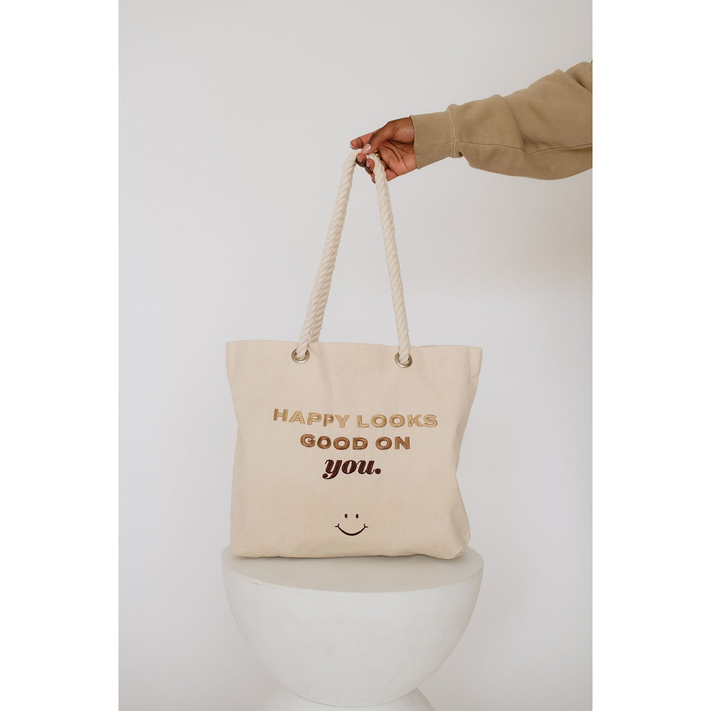Happy Looks Good On You Embroidered Tote