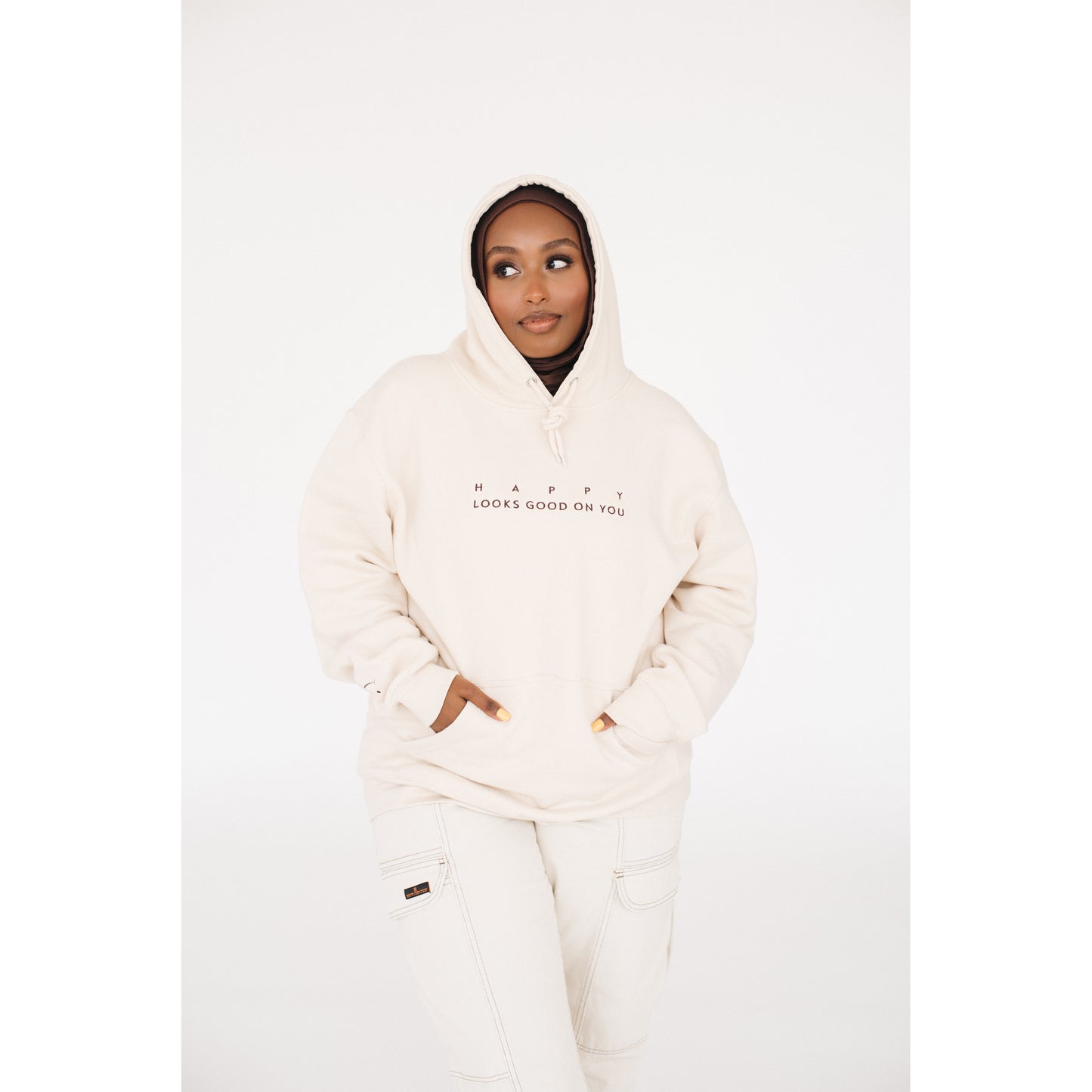 Happy Looks Good On You Hoodie - Creamy Tan