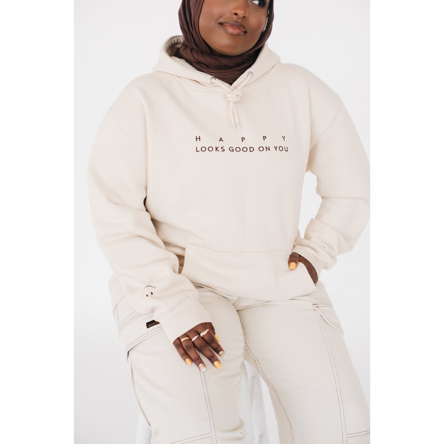 Happy Looks Good On You Hoodie - Creamy Tan