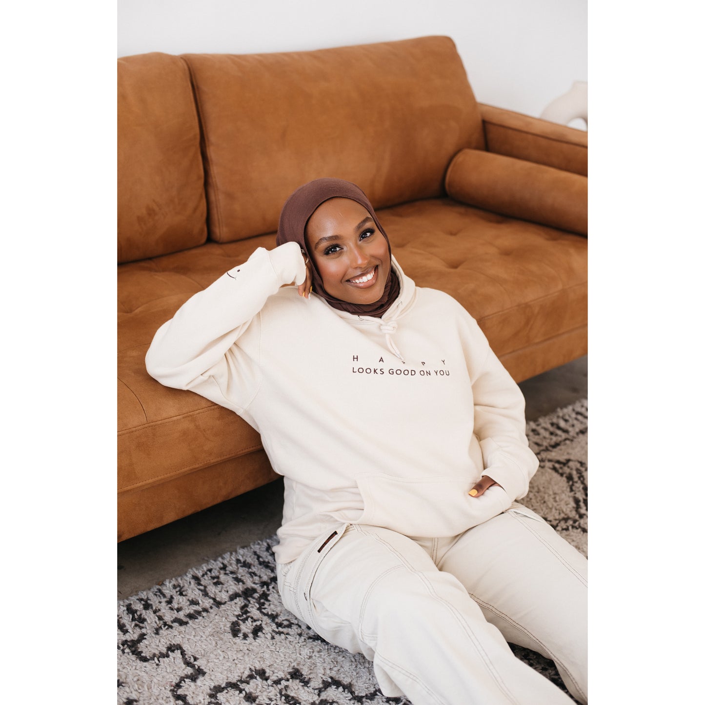 Happy Looks Good On You Hoodie - Creamy Tan