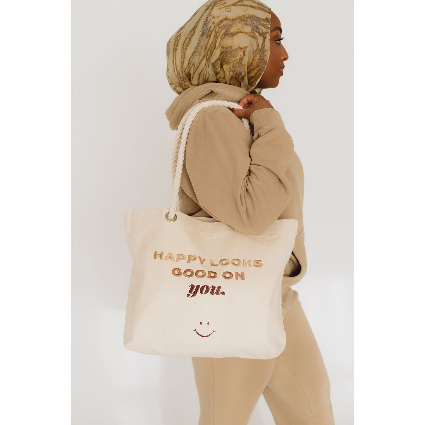 Happy Looks Good On You Embroidered Tote
